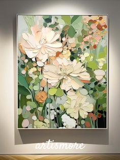 an art work with flowers on display in a white walled gallery space that reads, attismone