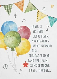 a birthday card with balloons and music notes on the front, which reads i will be besten lede given marr darvan word neman bld