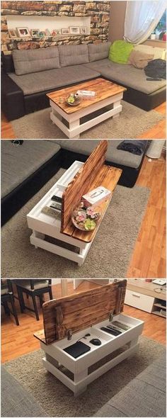 the coffee table is made out of pallet wood