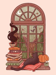 a black cat sitting on top of a pile of books next to an open window