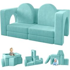 a baby is sitting on a blue couch and other furniture pieces are in front of it