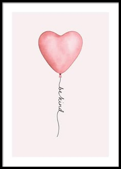 a pink heart shaped balloon with the word love on it's tail, in black frame