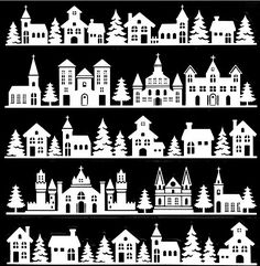 the silhouettes of houses and trees are shown in white on black, as if they were cut out from paper