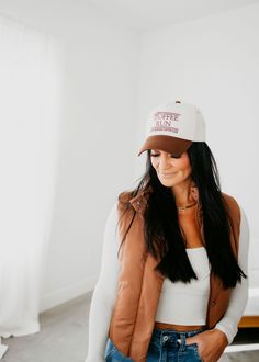 Brim: 2.75" Adjustable strap Coffee Run embroidered Brown Trucker Hat For Adventure With Curved Brim, Spring Brimmed Trucker Hat, Brown Trucker Hat With Curved Brim For Country Events, Country Style Brown Trucker Hat With Curved Brim, Brown Spring Trucker Hat, Fall Is Here, Graphic Tops, Stay Warm, Bralette