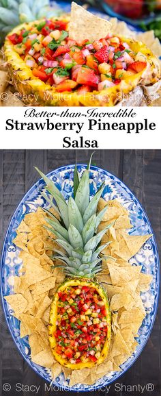 a pineapple salsa is served in a bowl with tortilla chips