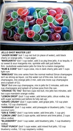 the instructions for how to make jelly shot master lists in a recipe book, with pictures and text below