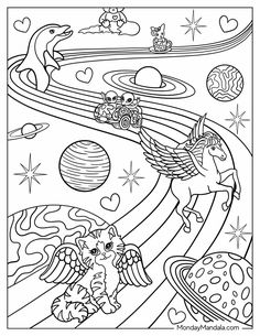 a coloring page with an image of cats flying over planets