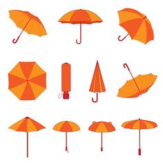 an assortment of orange umbrellas on a white background