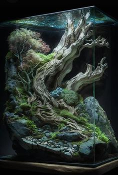 an aquarium filled with plants and rocks