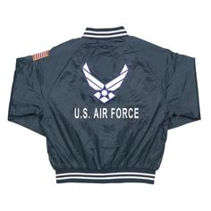 U.S. Air Force Satin Jacket - Blue – Military Republic Team Spirit Hooded Fall Outerwear, Fall Team Spirit Hooded Outerwear, Navy Casual Varsity Jacket For Outdoor, Blue Team Spirit Outerwear For Streetwear, Blue Crew Neck Outdoor Outerwear, Blue Crew Neck Outerwear For Outdoor, Navy Sporty Varsity Jacket For Outdoor, Navy Sports Outerwear With Ribbed Cuffs, Sporty Navy Varsity Jacket For Outdoor