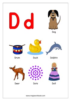 the letter d is for dog with pictures of animals and their names on it's side