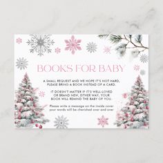 a baby's book request card with snowflakes and christmas trees on it