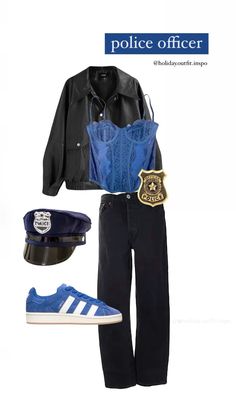 the police officer outfit is blue and black with white shoes, hat, and jacket