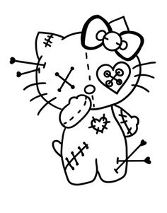 a black and white drawing of a hello kitty with a heart on it's chest