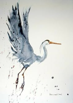 a watercolor painting of a crane flying in the sky