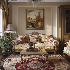 a living room filled with furniture and a chandelier hanging from the ceiling over a red rug