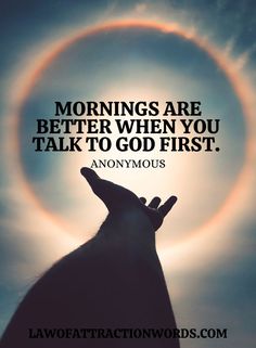 a dog looking up at the sun with a quote about mornings are better when you talk to god first