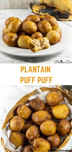 two pictures showing different types of puffs in baskets and on plates with bananas behind them