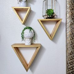 three wooden shelves with plants and pots on them, hanging from the wall in front of a mirror