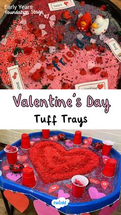 For lots of Valentines tuff tray ideas click the pin. Special thanks to @fairytales_and_teacher_dreams @tufftray_treasures Valentines Nursery Activities, Remembrance Tuff Tray Ideas, Love Tuff Tray Ideas, Valentines Tough Tray Ideas, Pink Tuff Tray Ideas, Valentines Tuff Tray Ideas Toddlers, Valentines Eyfs, Sensory Tuff Tray Ideas For Babies, Eyfs Valentines Activities