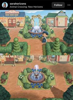 an animal crossing game with lots of trees and buildings in the background, including a fountain