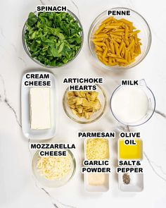 the ingredients to make pasta in bowls on a marble counter top with text overlay