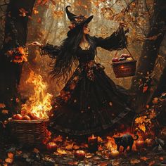 a woman dressed as a witch holding a basket full of pumpkins in the woods