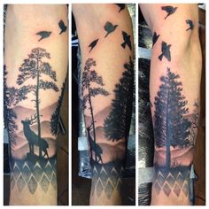 three different views of a man's arm with trees and birds on it