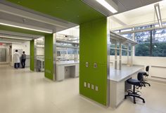 an office with green walls and white flooring, two people are standing in the background