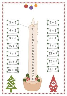 a lit candle with numbers on it and christmas decorations around the perimeter, as well as an elf