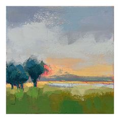 an abstract painting of two trees near the water at sunset or sunrise with clouds in the sky