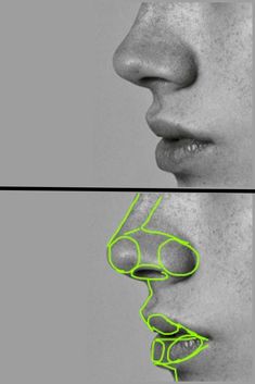 two different angles of a woman's face with green lines on her nose and neck