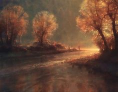 an oil painting of trees and water in the evening sun with a person standing on the bank