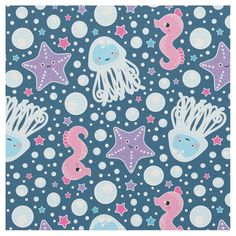 an ocean themed background with sea animals and starfishs in blue, pink, and white