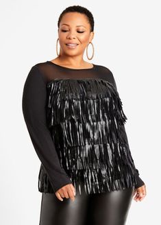 Flirty fringe front makes this plus size top with a mix of faux leather and mesh a statement fashion piece. Fringe Tops For Fall Party, Chic Long Sleeve Tops With Fringe, Chic Fringe Tops For Fall, Chic Long Sleeve Fringe Tops, Fall Party Tops With Fringe Details, Fall Party Tops With Fringe, Statement Fashion Pieces, Plus Size Crop Tops, Tops Trendy