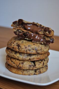 chocolate chip cookies stacked on top of each other