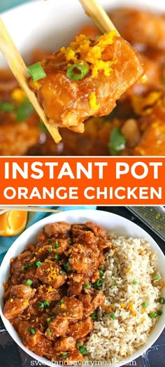 instant pot orange chicken with rice and chopsticks in the foreground, on top of