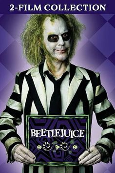 a man dressed as the joker holding a sign that says, beetlejuice 2 - film collection