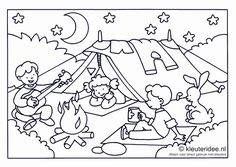 a coloring page with children playing in the tent