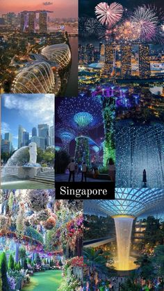 the singapore skyline is lit up at night and fireworks are in the sky above it