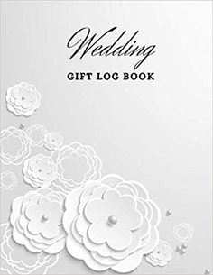 wedding gift log book with paper flowers on the front and back cover, in white