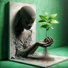 a painting of a person holding a plant in their hands with roots growing out of it