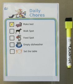 a clipboard with instructions for daily chores and a marker next to it on a table