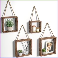 three wooden hanging shelves with plants and pictures on them, one is holding a potted plant