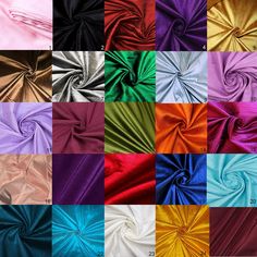 multiple colors of satin fabric in different sizes and shapes, all showing the same color