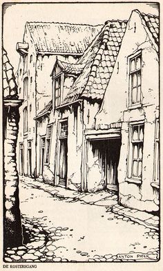 a black and white drawing of an old street with two buildings on one side and another building in the other