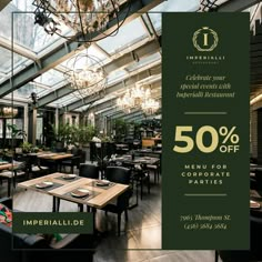 a restaurant with tables, chairs and chandeliers for 50 % off the menu