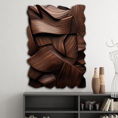 a wooden sculpture on the wall in a living room