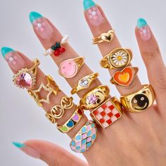 Material: gold plated brass, hand painted with enamel Cheap Gold Enamel Rings, Nail Varnish Rings, Hey Maeve Jewelry Rings, Ring Bundles, Pink Luxury Enamel Ring, Clock Ring, Breakfast Ring, Nails Rings, Heart Wave