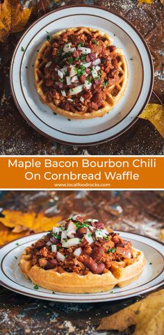 the maple bacon bourbon chili on cornbread waffles is ready to be eaten